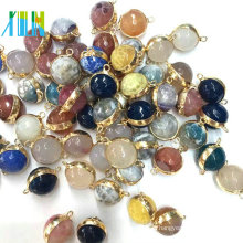 Natural Druzy Agate Geode Round Faced Beads Double Connectors Plated Gold Wrapped Charms For Making Bracelet Pendant Jewelry